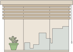 Window into a city with a pot plant on the sill